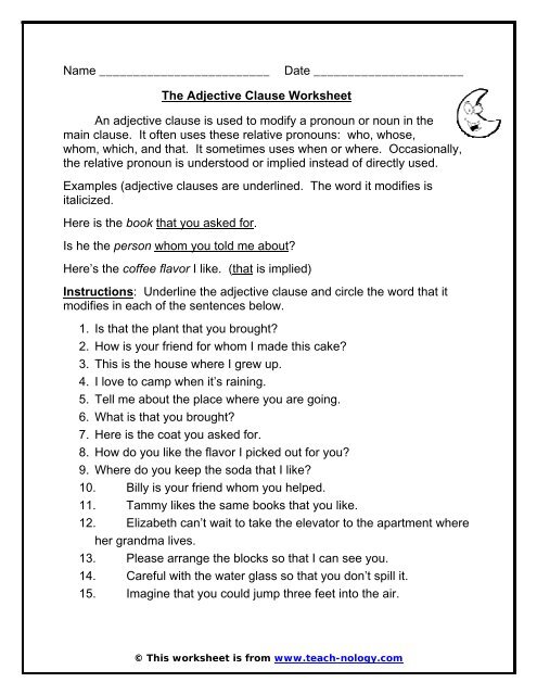 The Adjective Clause Worksheet - Teach-nology