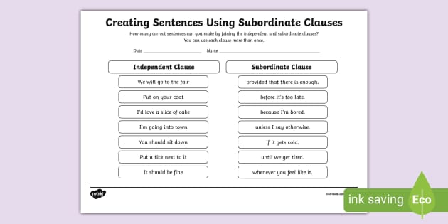 Dependent &  Independent Clauses Worksheet PDF | Primary