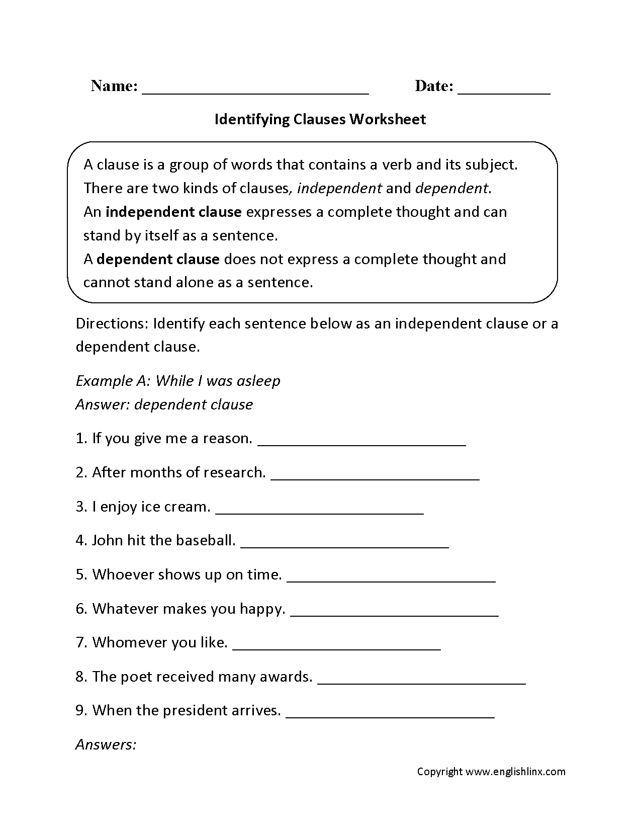 worksheets library | Clauses Worksheets