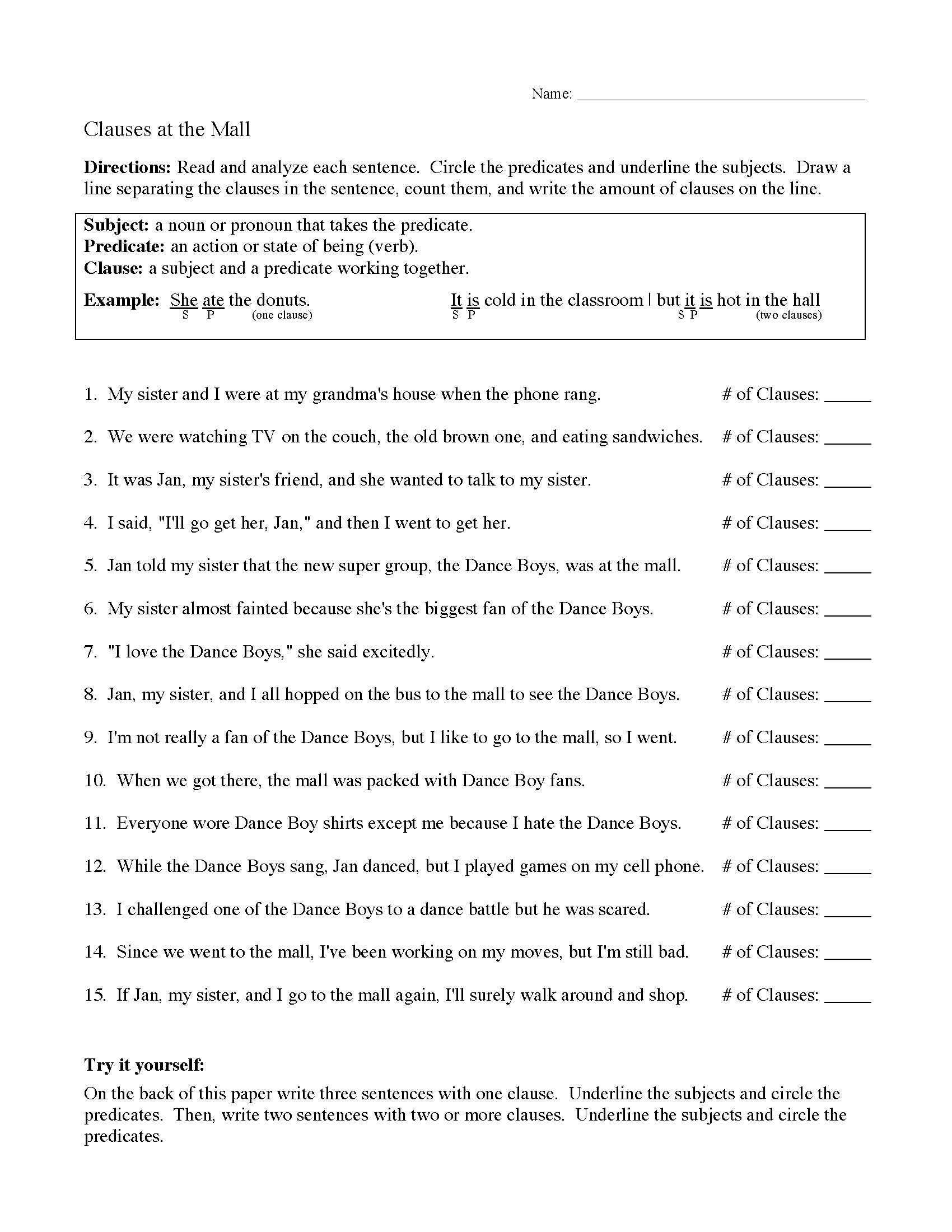 Clauses at the Mall Worksheet | Sentence Structure Activity