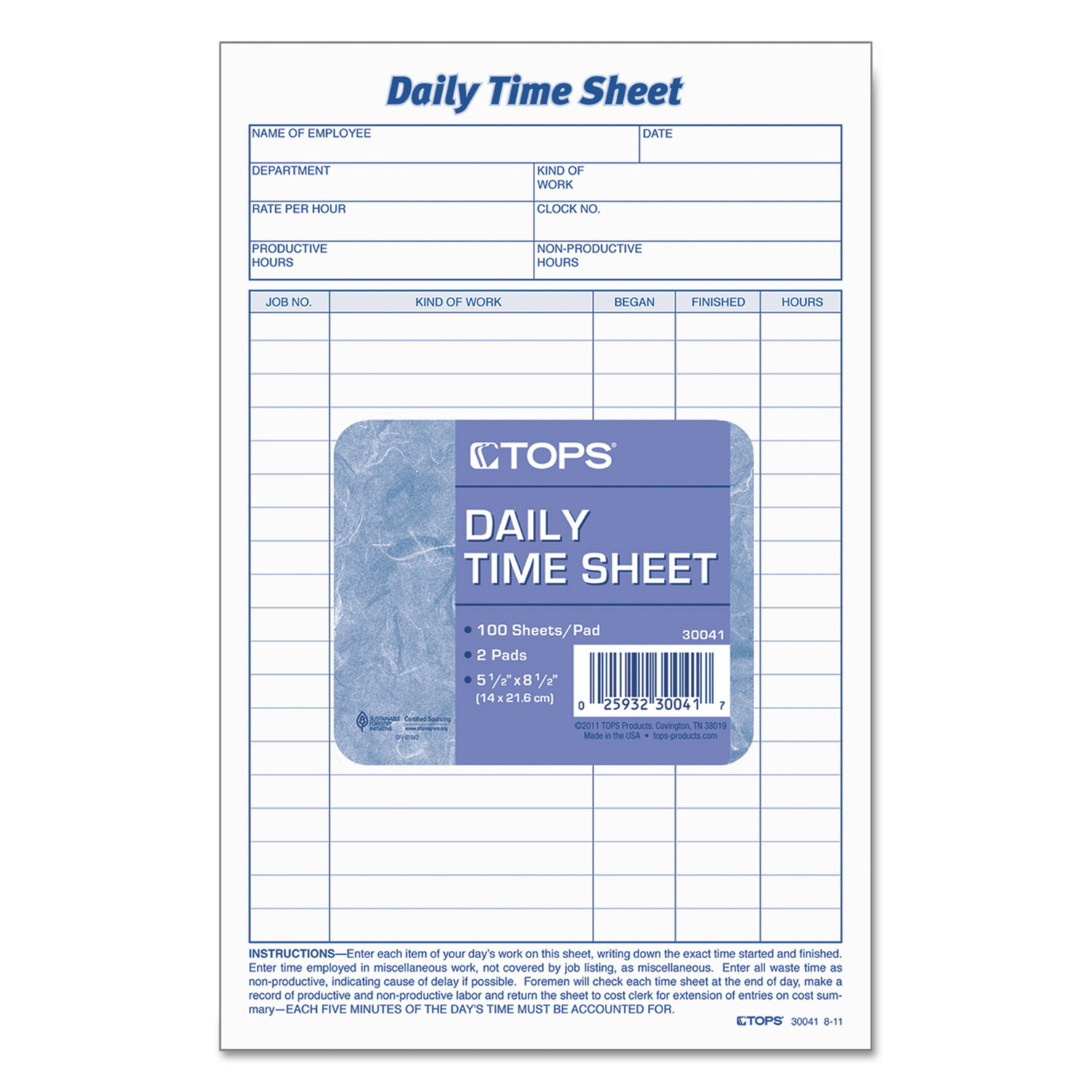 TOPS, TOP30041, Daily Time Sheet Form, 2 / Pack, White