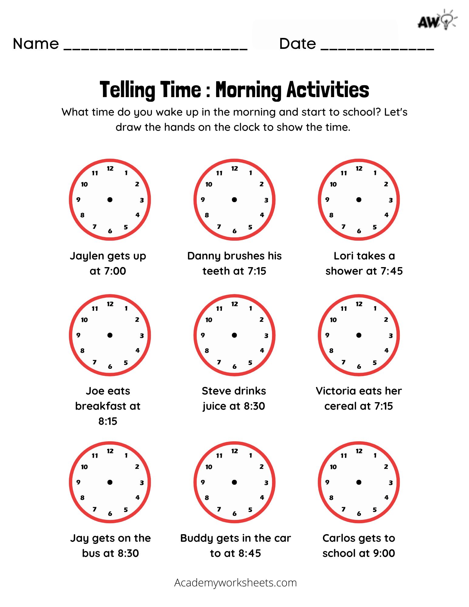 Time Telling Worksheets to the Quarter Hour quarter hour - Academy ...