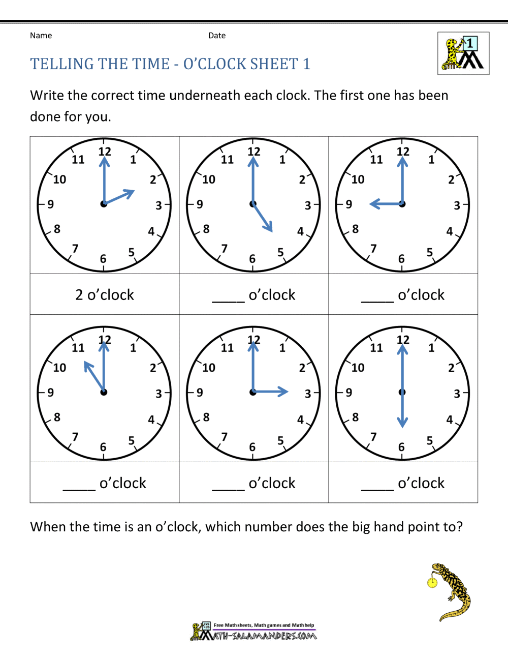 Telling Time Worksheets - Oclock and Half past
