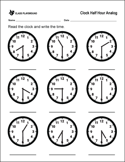 Printable Clock Half Hour Analog Worksheet - Class Playground