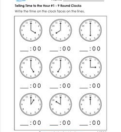 Telling Time to the Hour Worksheets for First Grade