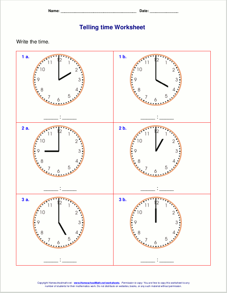 Telling time worksheets for 1st grade