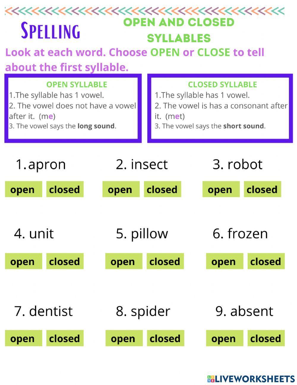 Open and Closed Syllables online exercise  
