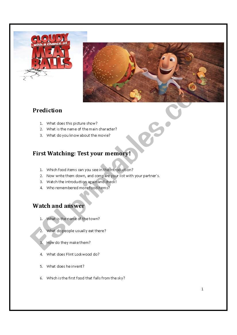 CLOUDY WITH A CHANCE OF MEATBALLS ESL worksheet by Natuf2008