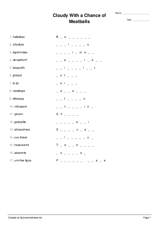 cloudy with a chance of meatballs worksheet