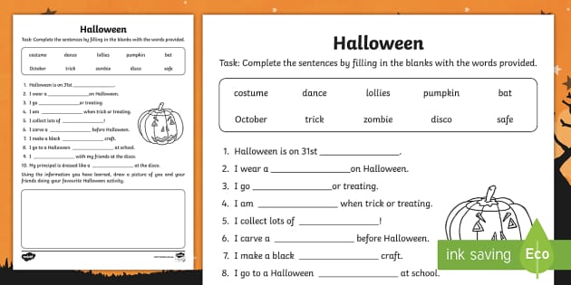 Halloween Cloze Activities - Downloadable Worksheet - F-2