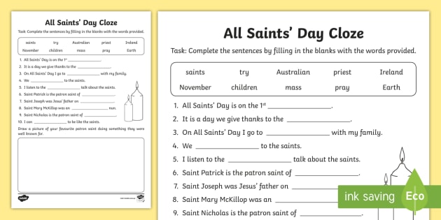 Reading for All Saints Day | Cloze Activity | Primary