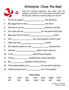 Antonyms: Cloze the Gap Fill in the Blank Worksheet for 4th - 5th ...