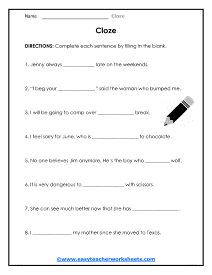 cloze sentence worksheet