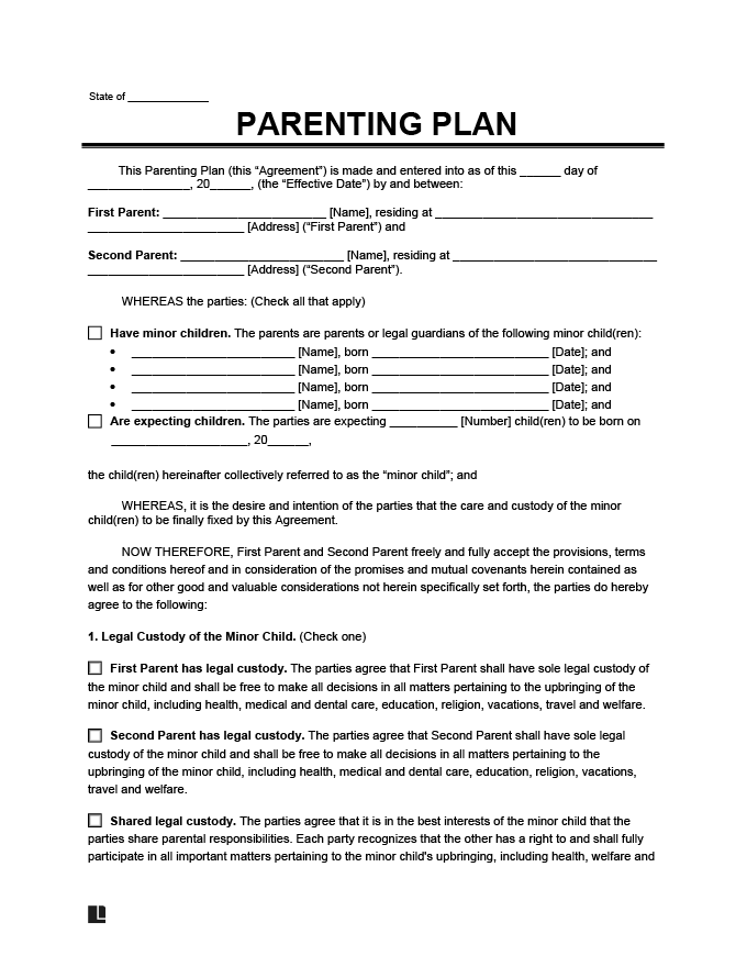 Free Parenting Plan Template | PDF &  Word