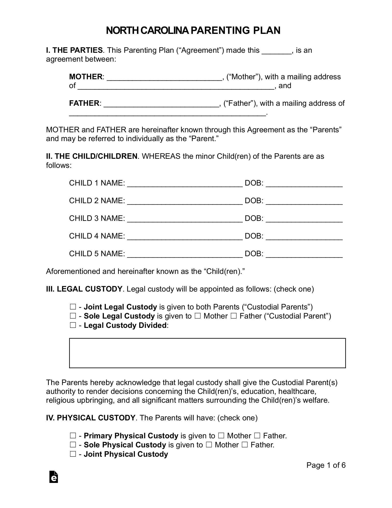 Free North Carolina Custody (Parenting) Plan - PDF | Word - eForms