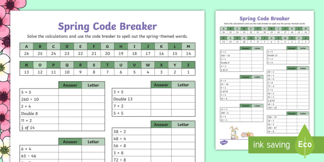 Spring-Themed Maths Code Breaker Calculations Worksheet