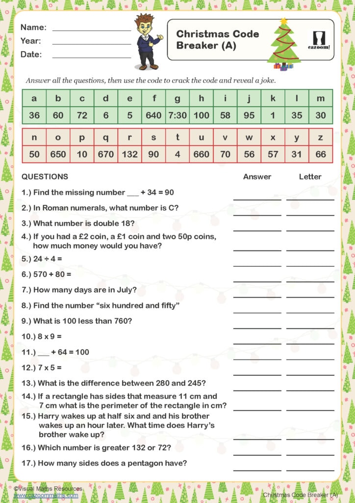 Christmas Code Breaker (A) Worksheet | Cazoom Maths Worksheets