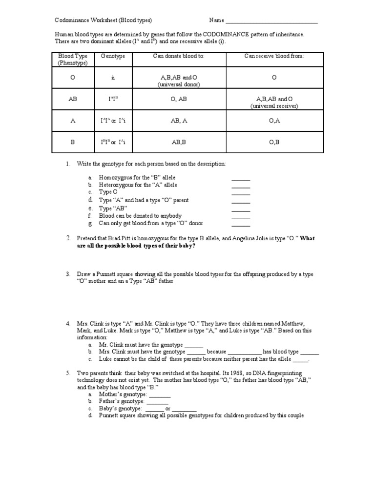 codominance worksheet blood types answers