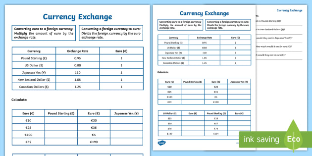 Currency Exchange Worksheet - Maths Conversion - Twinkl