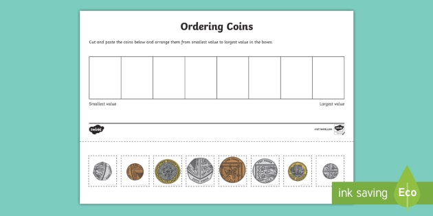 Coin Ordering Cut and Paste Worksheet / Worksheet - Twinkl