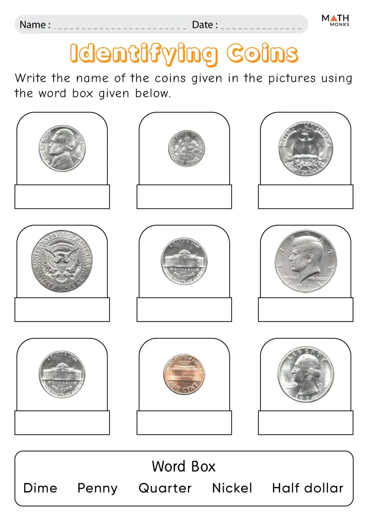Identifying Coins Worksheets - Math Monks