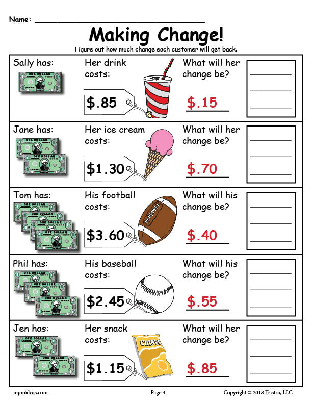 Printable Making Change Money Worksheets - 2 Versions!
