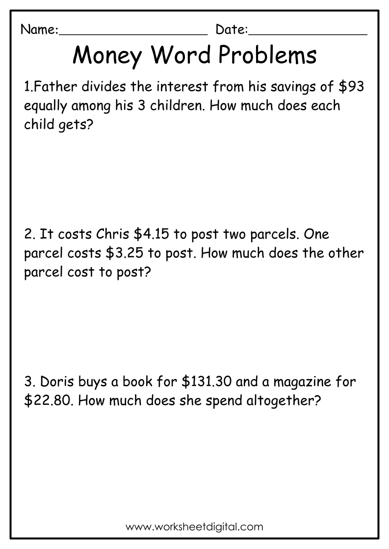Money Word Problems Grade 3 - Worksheet Digital