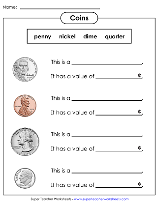 Worksheets: Identifying Coins (USA)