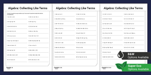 collecting like terms worksheet