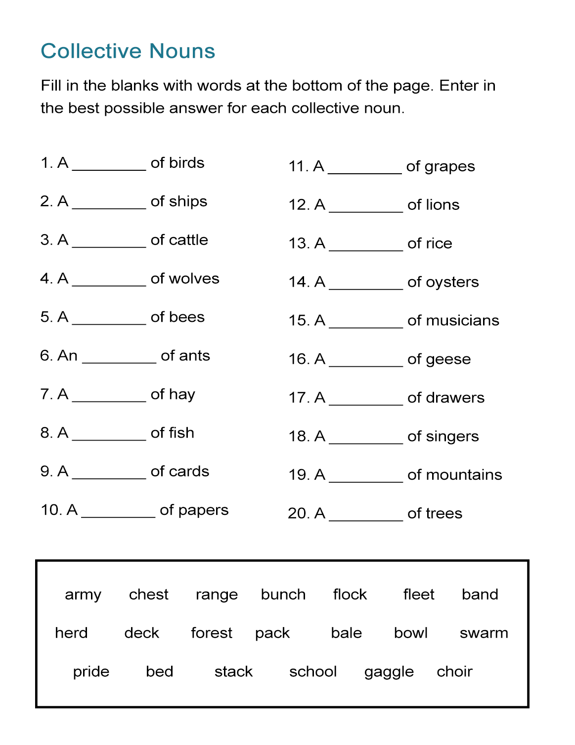 Collective Nouns Worksheet: Fill in the Blanks - ALL ESL
