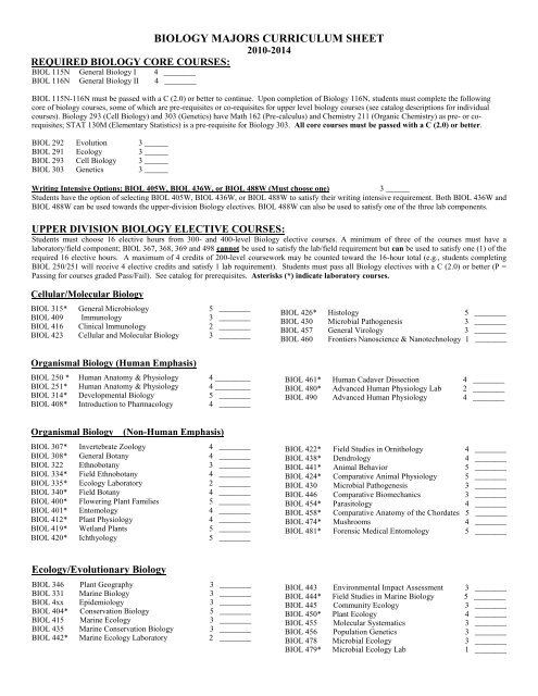 BIOLOGY MAJORS WORKSHEET - College of Sciences