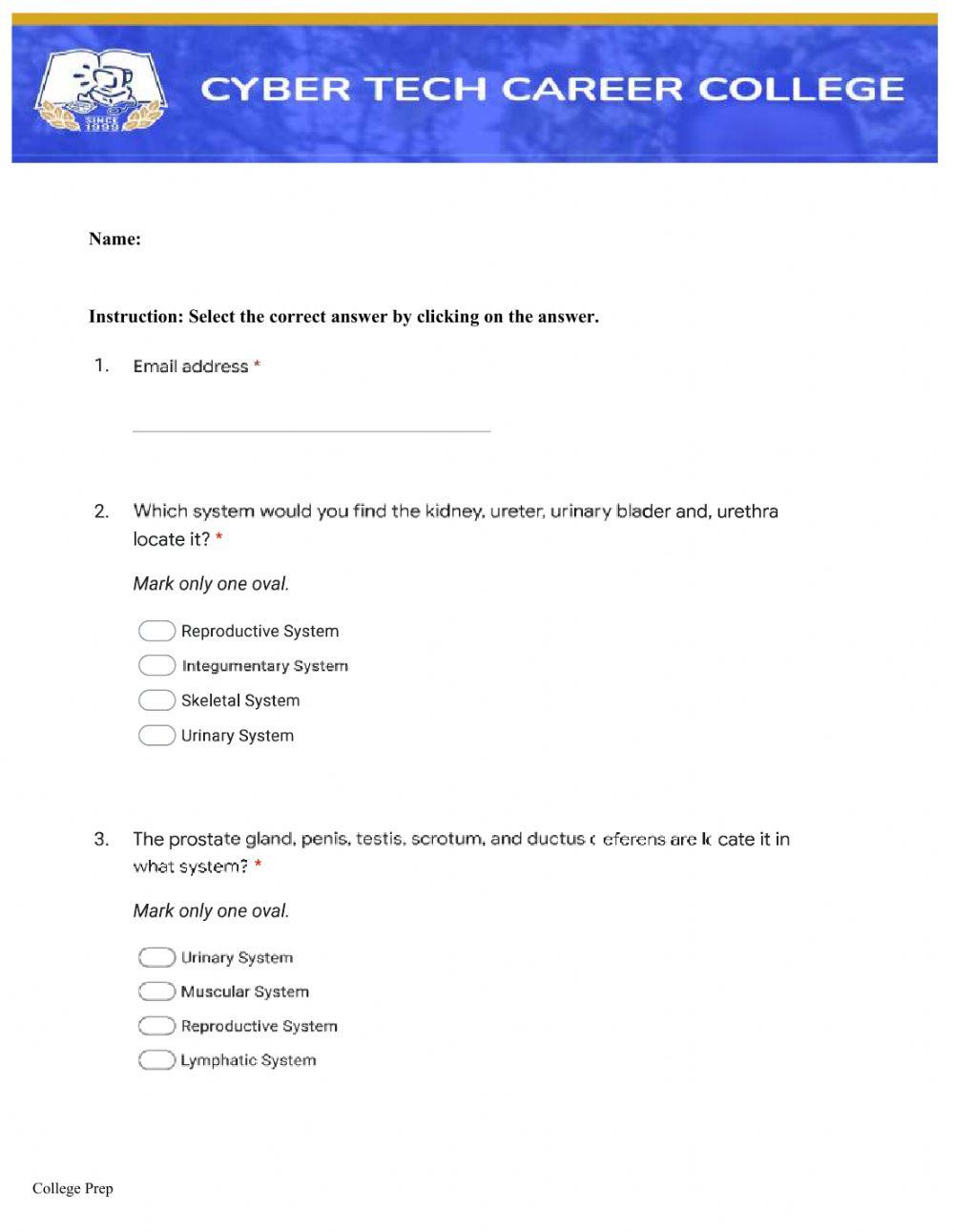 College Prep Biology Exam Part I online exercise for  