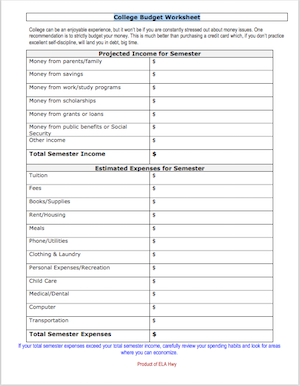 College Budgeting Worksheet: Income vs. Expenses