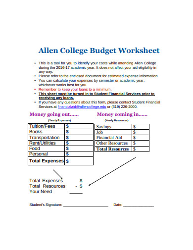 College Budget Worksheet - 15+ Examples, Format, Pdf