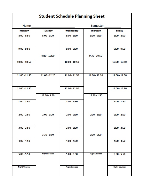 college schedule worksheet