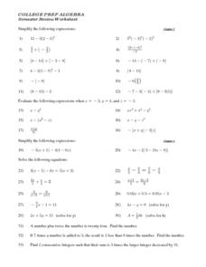Semester Review Worksheet: College Prep Algebra Lesson Plan for ...