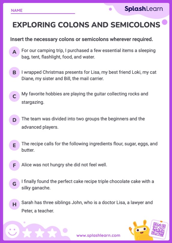 Insert the Colon or Semicolon - ELA Worksheets - SplashLearn