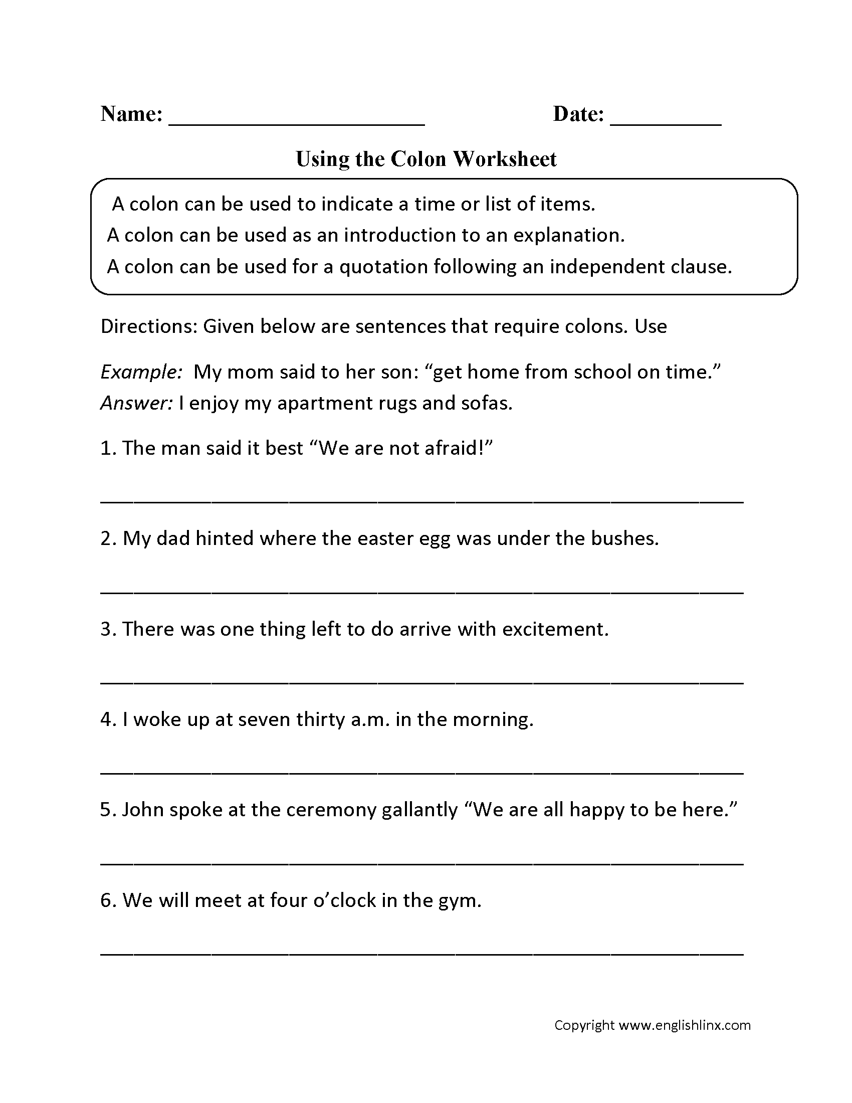 colon worksheet with answers