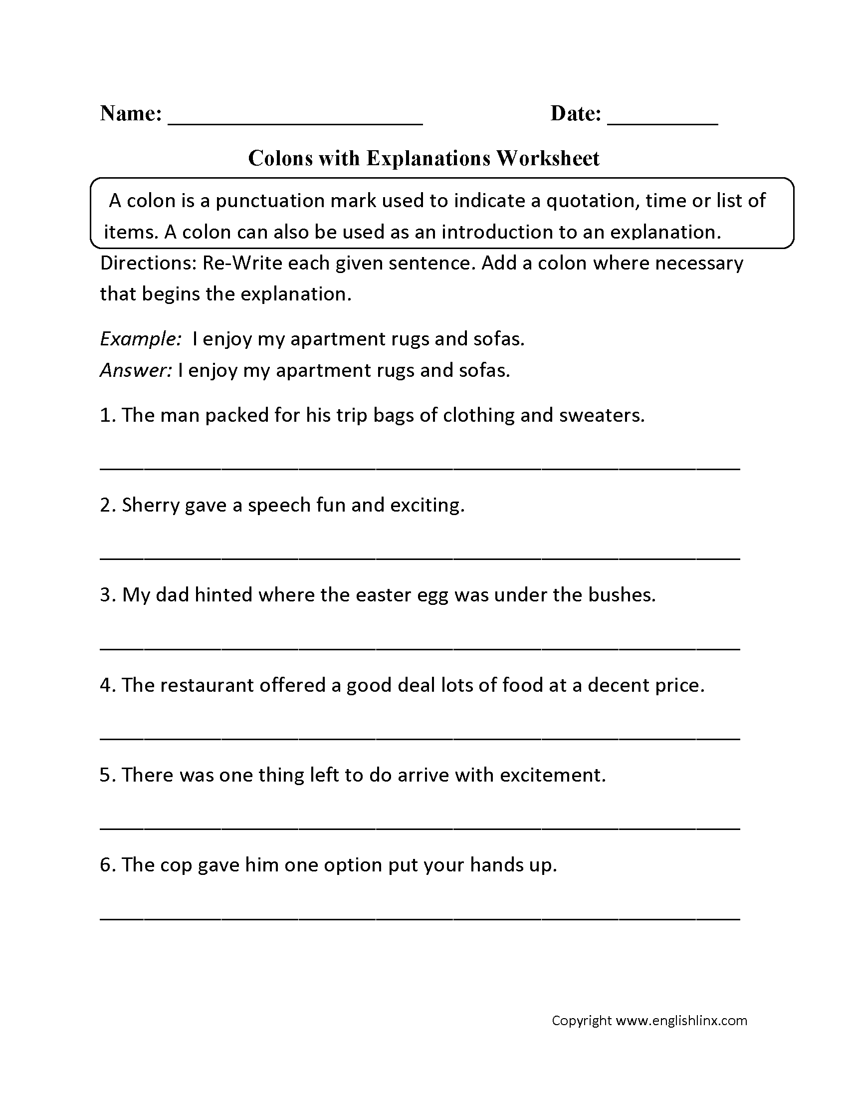 Colon Worksheets