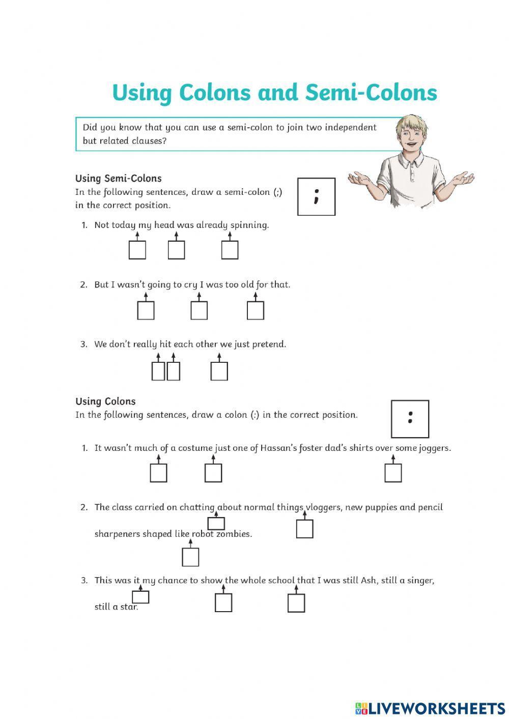 Colons and Semicolons Worksheet Using Semi Colons Colons and Dashes