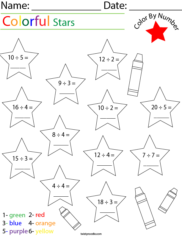 Division- Color by Number Stars Math Worksheet - Twisty Noodle