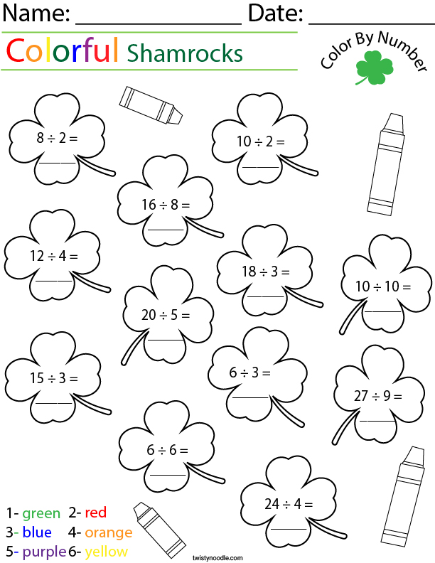 Division Color by Number Shamrocks Math Worksheet - Twisty Noodle