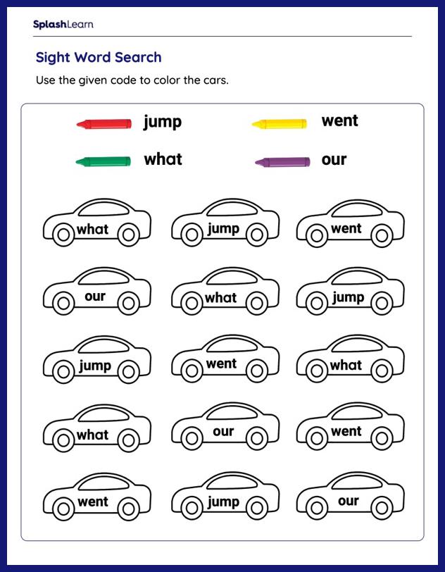 Color the Racing Sight Words - Printable Reading Worksheet