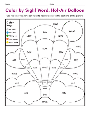 Color by Sight Word: Hot Air Balloon | Worksheet 