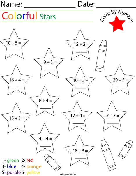 Division- Color by Number Stars Math Worksheet - Twisty Noodle
