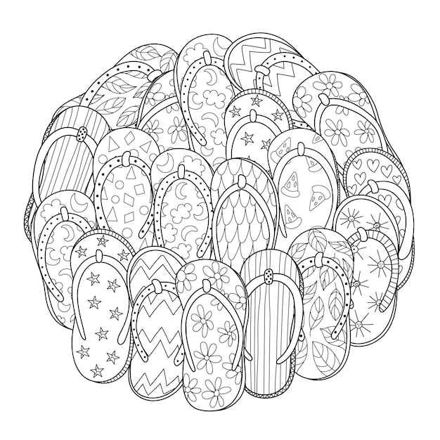 Premium Vector | Doodle flip flops circle shape coloring page ...