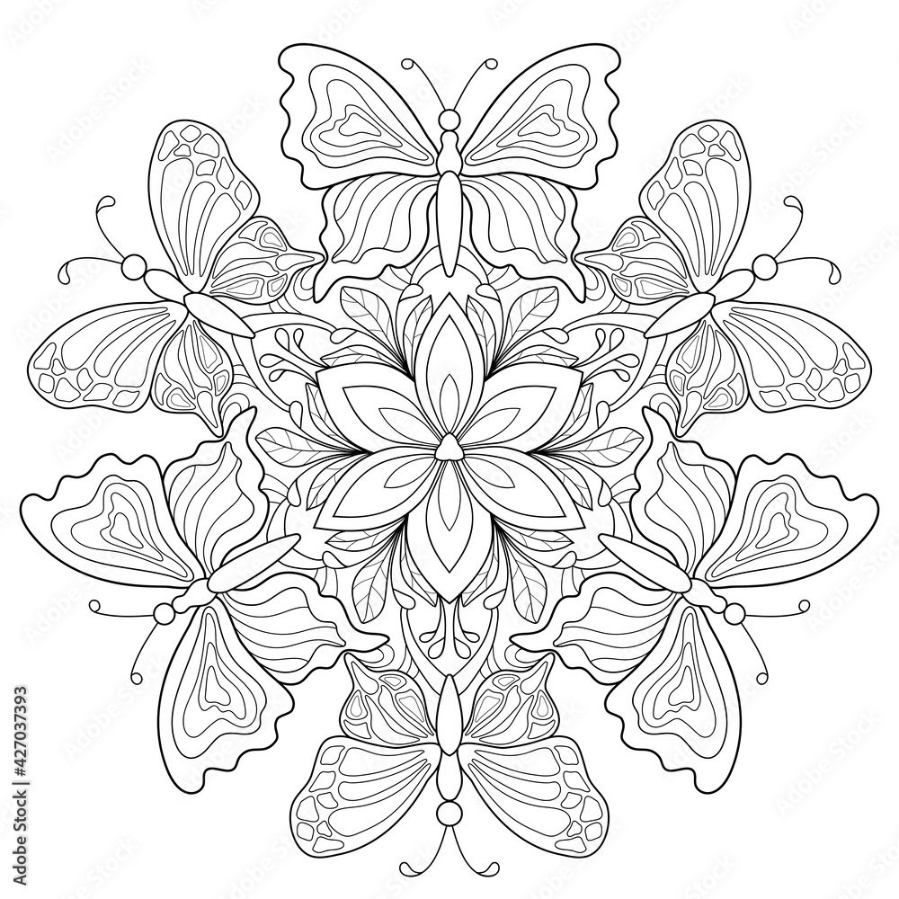 Butterflies with simple patterns, flower and doodle leaves ...