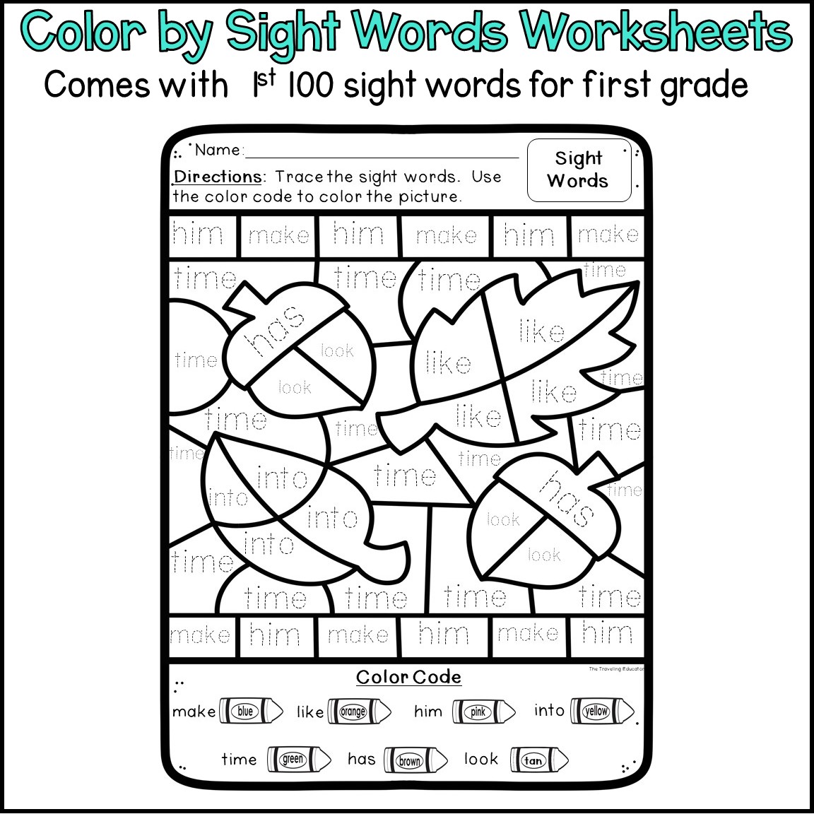 Fall Color by Sight Words for 1st Grade - Worksheets Library