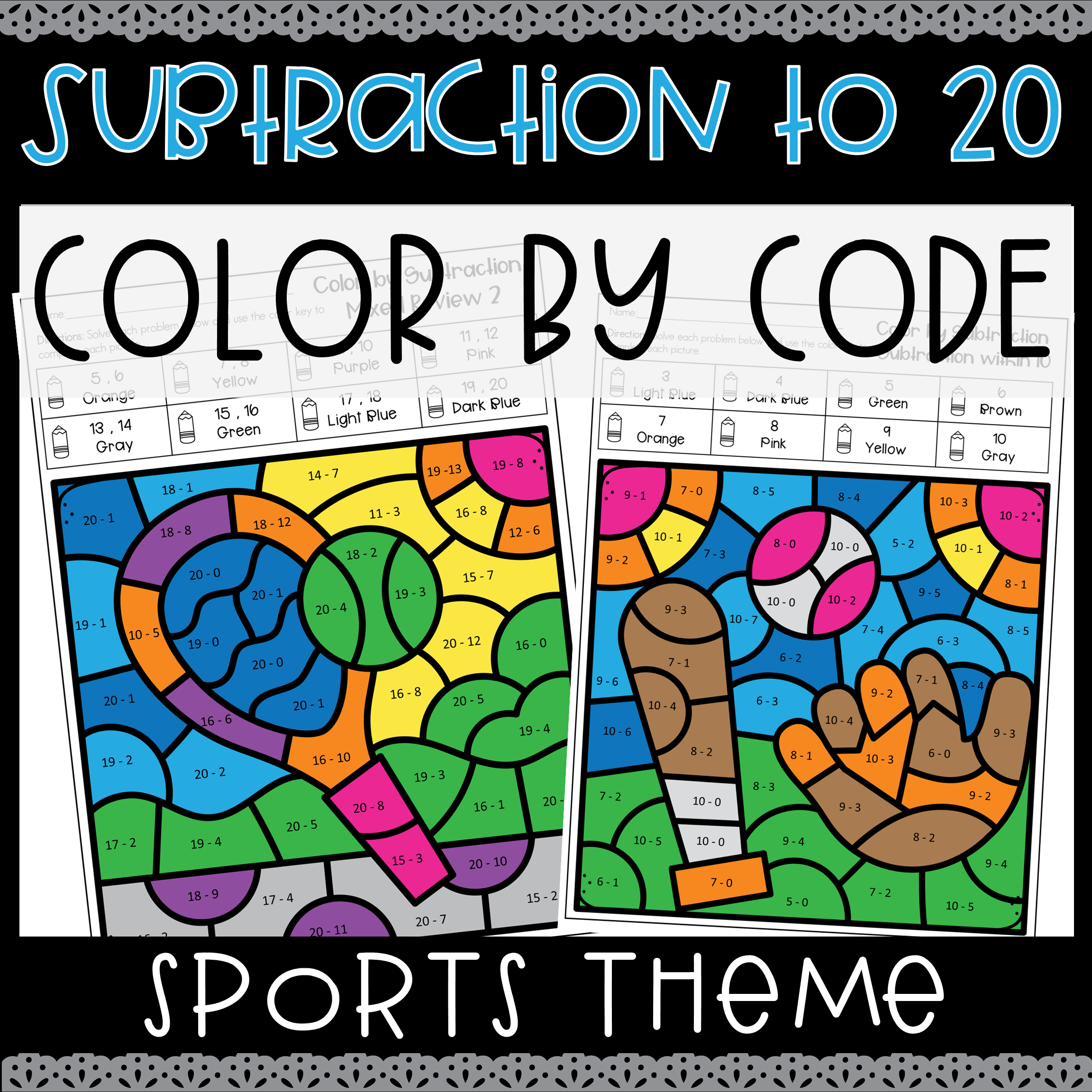 Sports Subtraction to 20 Color by Code Number NO PREP Coloring ...