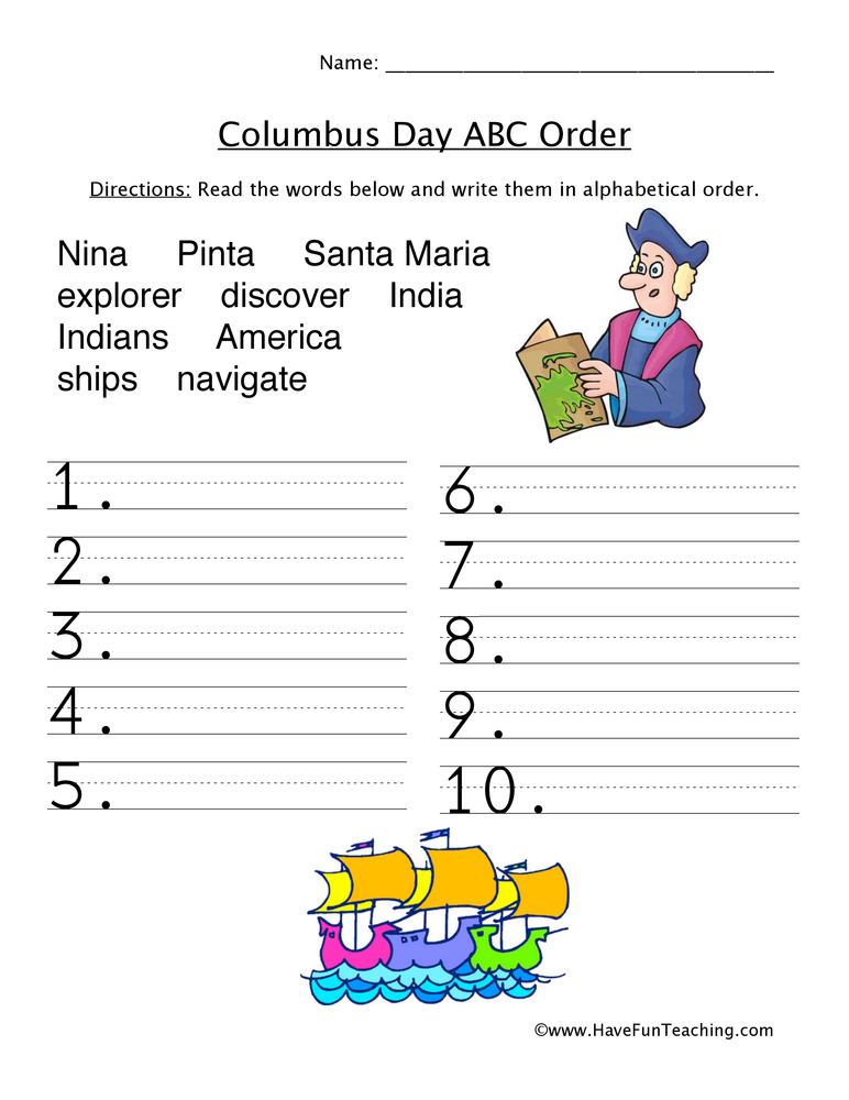 Columbus Day ABC Order Sorting Worksheet  